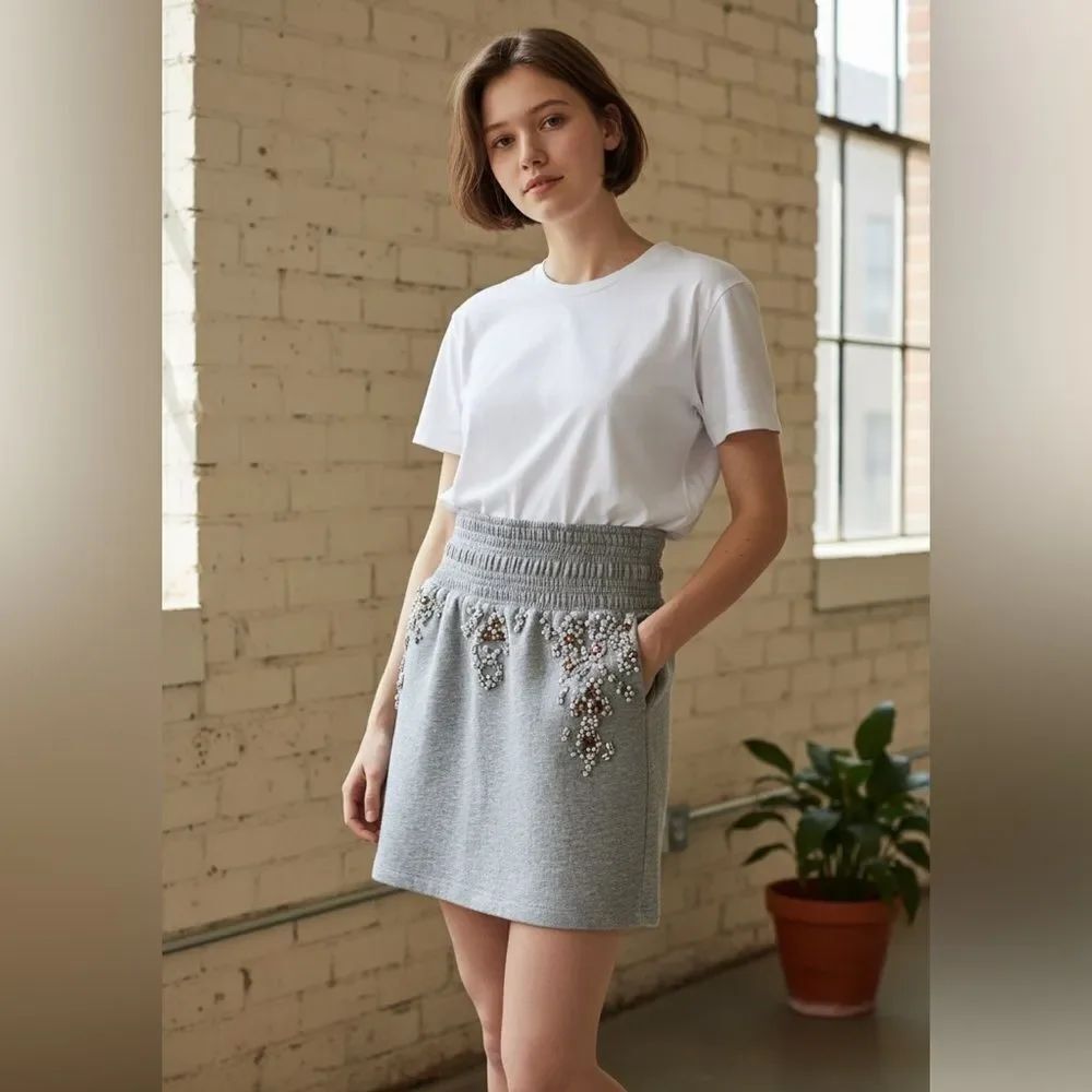 3.1 Phillip Lim gray sequins embroidered lined pencil mini skirt L